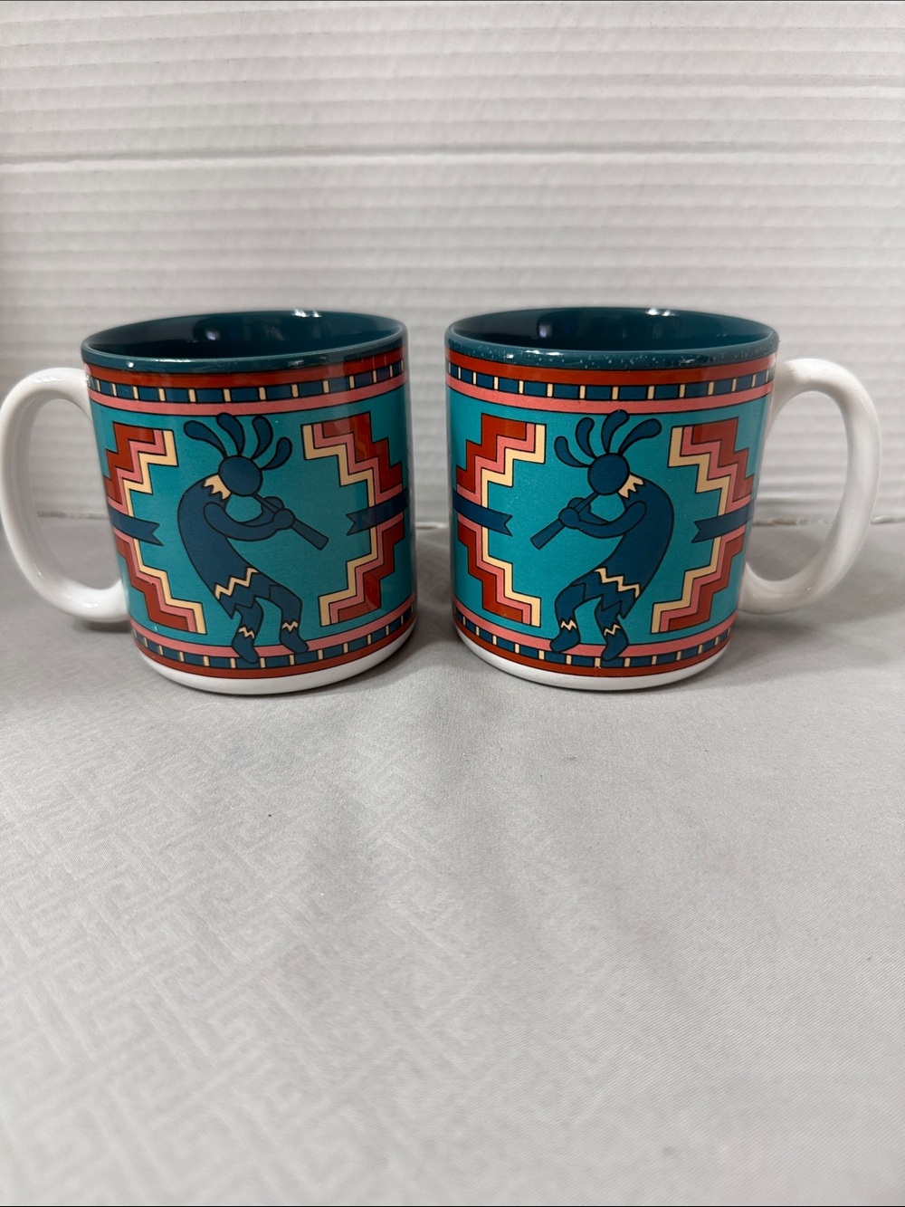 Vintage Southwestern Kokopelli Geometric Navajo Pattern Ceramic Mugs Set of 2